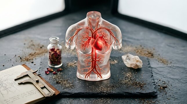 Anatomical human heart model with red blood vessels on slate tray