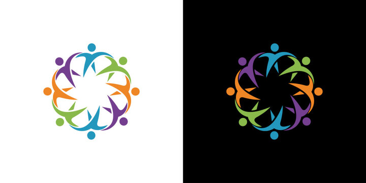 Colorful community people circle logo template with abstract human figures holding hands representing unity teamwork and partnership