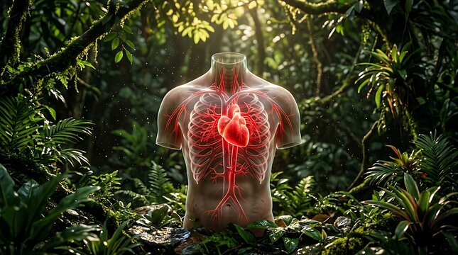 Human heart and chest anatomy inside a lush green jungle