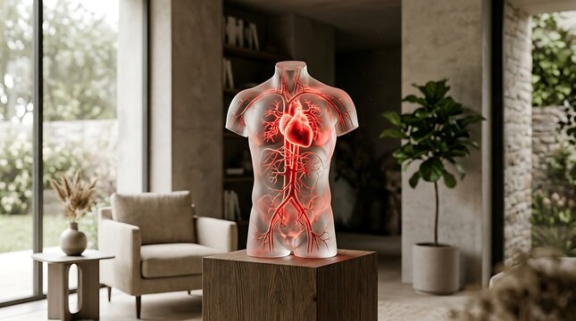 Anatomical human torso model with glowing circulatory system