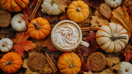 Naklejka premium Pumpkin spice latte with cinnamon and autumn leaves flat lay