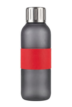Matte Grey Reusable Water Bottle with Red Silicone Grip and Metallic Lid