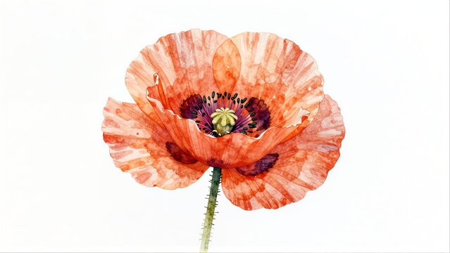 Watercolor poppy with soft orange petals and green stem against white background.