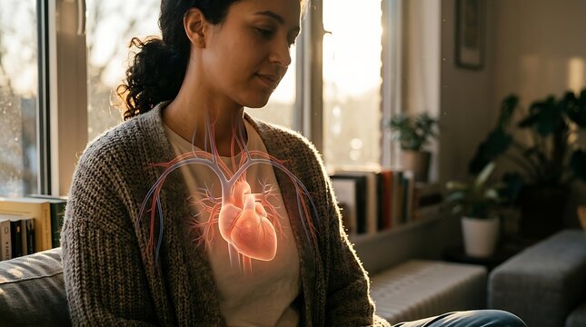 Young woman with cardiovascular heart anatomy digital overlay at home