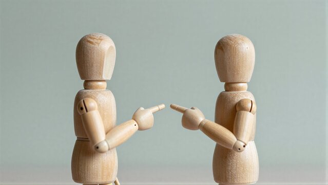 Two wooden figures point at each other, symbolizing conflict or accusation.