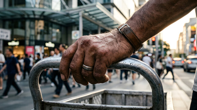 Close up of a hard-working man's weathered hand gripping a metal cart handle in a busy urban city environment.