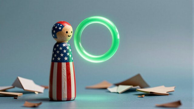 American flag pegman stands before glowing green ring, surrounded by shattered pieces.