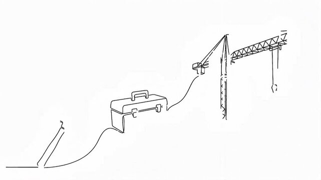 Continuous One Line Drawing of Construction Crane Toolbox and Hammer