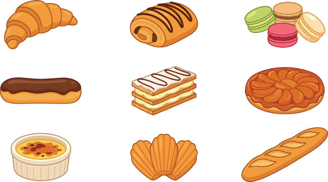 French Pastry Collection Croissant Eclair Macarons Baguette