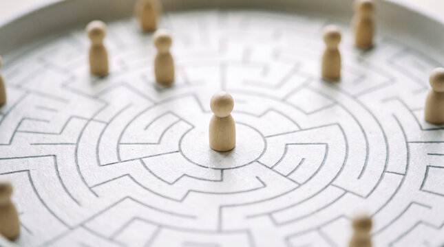 Wooden peg figure standing at the center of a circular white maze surrounded by other figures representing leadership strategy decision making teamwork and business challenge