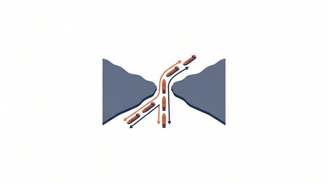 Isometric Illustration of Cargo Ships Navigating a Narrow Strait