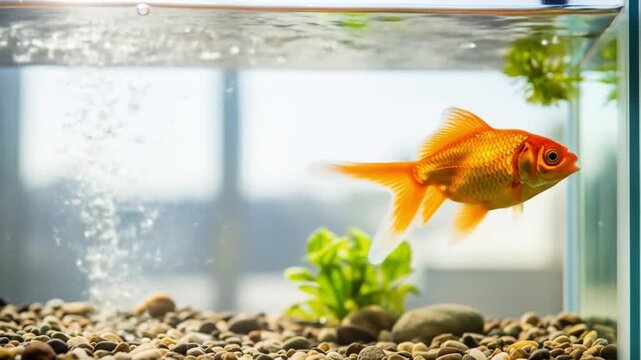 Goldfish swims in an aquarium with pebbles plants and bubbling water