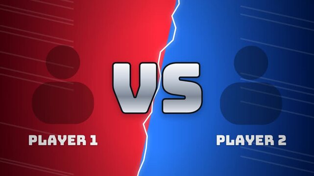 Gaming versus screen with red and blue halves split by lightning and metal VS letters