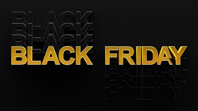 Repeating pattern of Black Friday text in gold with dark shadows popping out of dark background. 3d render graphic of patterned pop out Black Friday text. Black Friday advertisement for the holiday.