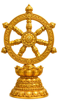 Golden wheel of dharma or dharmachakra isolated on white background