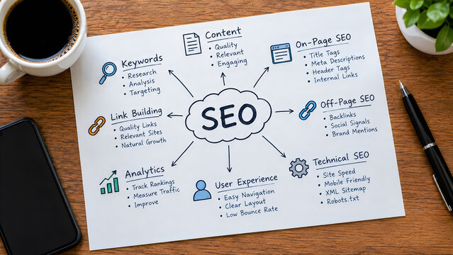 Seo or search engine optimization concept paper with seo ideas or plan, cup of coffee and smartphone on wooden table desk
