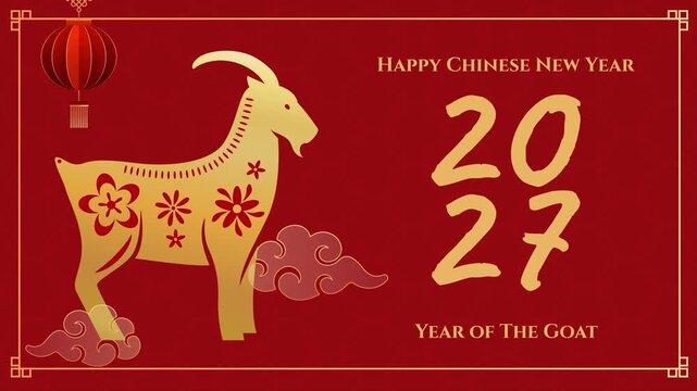 Chinese New Year Greeting Card Featuring Golden Zodiac Goat on Red Background with Traditional Lantern and Clouds