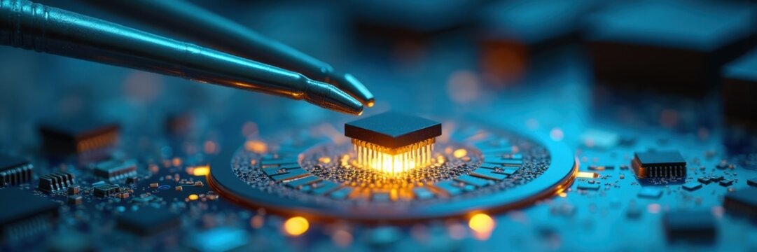 Tweezers place a glowing chip on a wafer board. Concept of supply chain reports, semiconductor manufacturers, electronics engineering courses, and investor presentations.