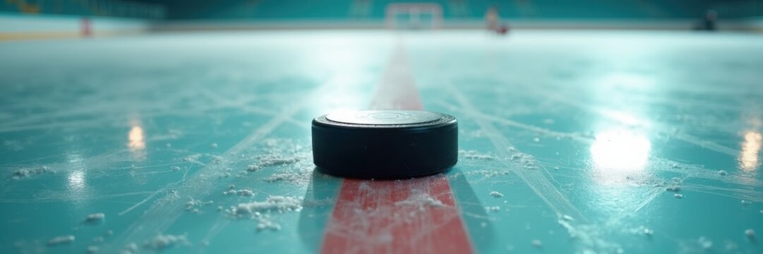 Puck sits on the red line in a wide view. Concept of energy drink ads, fan merchandise, hockey club websites, winter sports events, and sports bars.