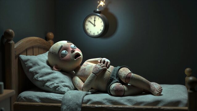 Child wakes up to ticking bomb clock in dark bedroom, startled expression.
