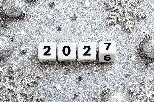2026 changing to 2027 on dice with christmas glitter silver background for new year change concept