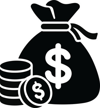 Black money bag icon with dollar sign and stack of dollar coins, finance and wealth concept vector illustration
