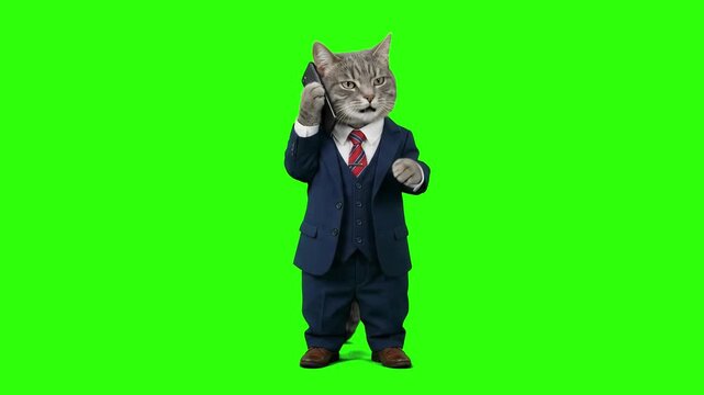 Tabby cat dressed in a formal business suit talking on a mobile smartphone isolated on a chroma key green screen background. Perfect for funny business commercials, office work promos, corporate commu