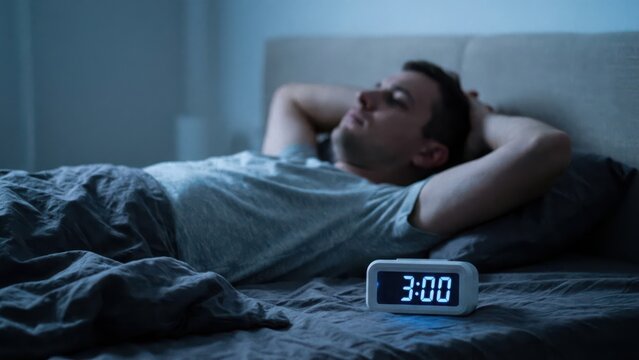 Man lying in bed awake at night looking at a digital alarm clock showing three o clock
