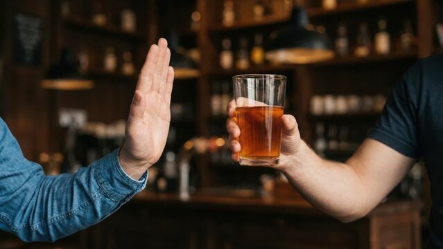 Person refusing a glass of beer in a dark bar