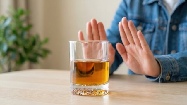 Person refusing a glass of whiskey on a table