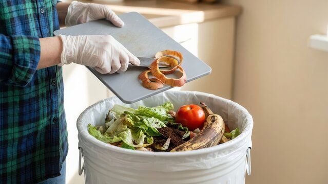 Person scraping food scraps from a cutting board into a kitchen compost bin