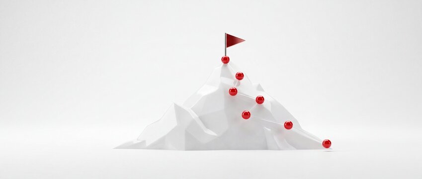Minimalist 3D abstract illustration of a white low-poly mountain peak with a red flag and red node points showing a path to success, achievement, milestones, and business leadership goals.