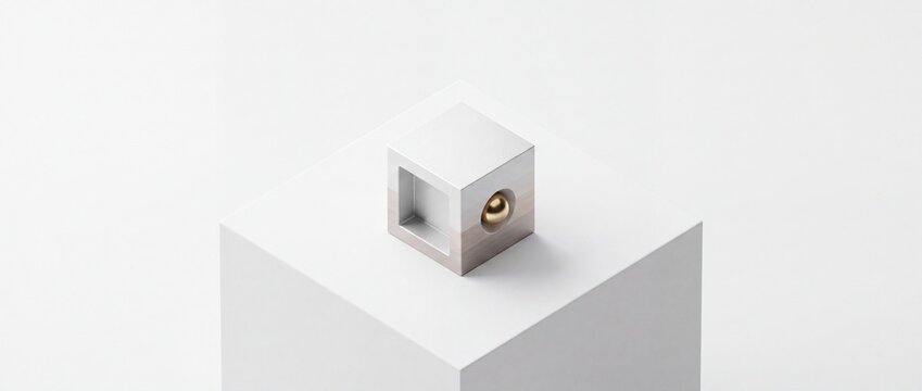 High-Quality Minimalist 3D Isometric Rendering of a White Geometric Cube with an Embedded Golden Spherical Detail Resting on a Clean Square Pedestal for Modern Abstract Design and Presentation