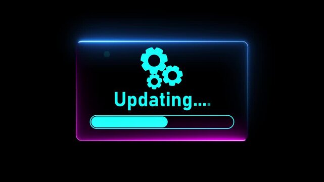 Futuristic neon software updating screen featuring glowing cyan gears, an &ldquo;Updating&rdquo; status message, and a progress bar on a dark background.