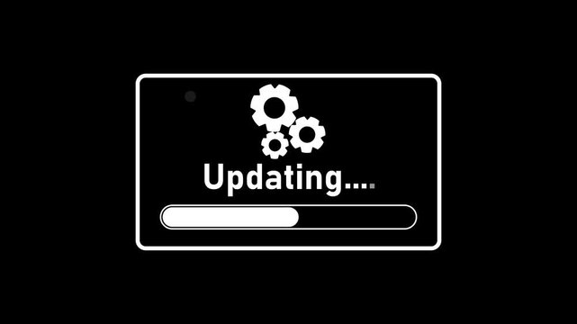 Futuristic neon software updating screen featuring glowing cyan gears, an &ldquo;Updating&rdquo; status message, and a progress bar on a dark background.