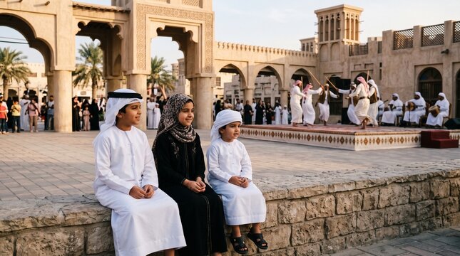 Three Emirati children in traditional attire sit on a stone wall, observing a cultural performance with traditional music and dance in an old town square at sunset