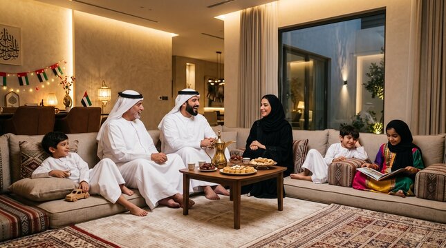 A multi-generational Emirati family in traditional attire gathers in a modern living room, sharing coffee and dates during a festive occasion, embodying warmth and togetherness