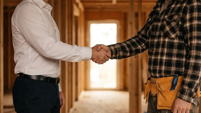 Professional man and construction worker shaking hands in a new house building project