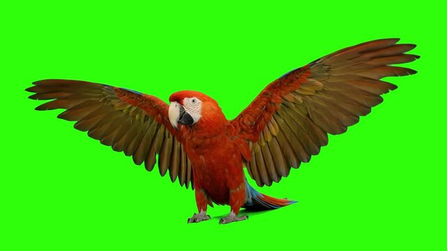 Red scarlet macaw parrot flapping its wings isolated on a chroma key green screen background. Perfect for tropical nature documentaries, zoo advertising, exotic bird videos, wild animal promos, and mo