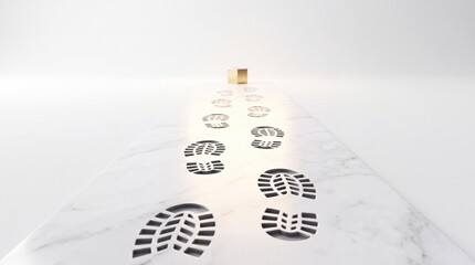 Fototapeta premium Conceptual image of boot footprints on a marble floor leading towards a small golden cube, symbolizing a path to success, achieving business goals, career progress, and reaching a valuable target.