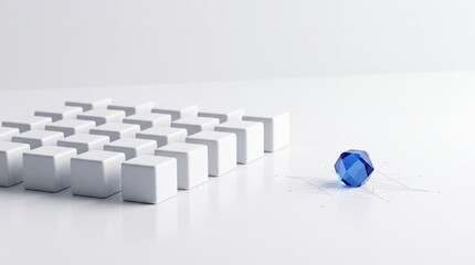 Fototapeta premium Metaphorical Concept of a Unique Blue Faceted Gemstone Sitting Apart from a Grid of Uniform White Cubes on a Bright Minimalist Surface Representing Individuality, Innovation, and Core Value