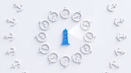 Fototapeta premium Conceptual 3D illustration of a blue lighthouse as a central beacon of leadership and guidance, surrounded by navigational compasses and anchors on a clean white background for business strategy