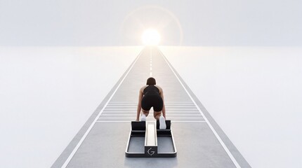 Fototapeta premium Metaphorical Concept of a Determined Female Athlete at a Starting Line Facing a Bright Horizon on a Straight Infinite Path Towards Success, Career Goals, and New Beginnings in a Minimalist Style