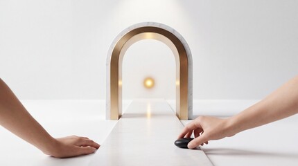 Fototapeta premium Abstract Conceptual Metaphor for Success and Future Vision Featuring Hands Moving a Black Stone on a White Marble Path Through a Golden Arch Toward a Glowing Light in a Minimalist Studio Setting