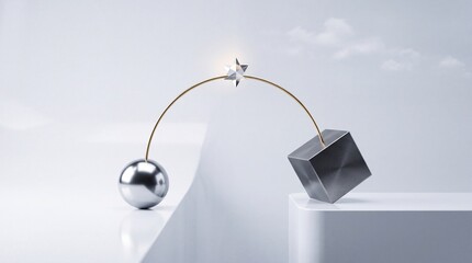 Fototapeta premium Abstract 3D Render of a Metallic Sphere and Cube Connected by a Thin Golden Arch with a Crystal Star, Representing a Conceptual Bridge, Connection, and Balance in a Minimalist Corporate Setting.