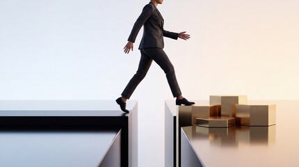 Fototapeta premium Confident businesswoman in suit stepping across a gap between two platforms towards golden hexagonal pedestals, symbolizing career advancement, overcoming challenges, risk, and business success.