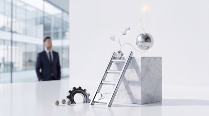Fototapeta premium Abstract business metaphor featuring a silver ladder on a marble block with a metallic plant and gear, representing corporate growth, career success, strategy, and industrial development.