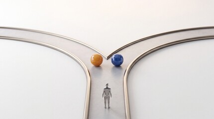 Fototapeta premium Minimalist 3D render of a metallic human figure at a fork in the road with orange and blue spheres representing decision making, strategic choices, career direction, and life path metaphors.