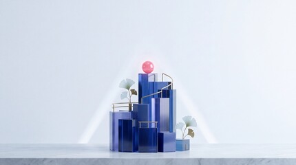 Fototapeta premium Abstract 3D Render of Blue Glass Geometric Pedestals with a Glowing Pink Sphere Core and Golden Ginkgo Leaf Accents on Marble, Symbolizing Structured Business Success and Creative Growth Concepts