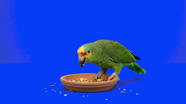 Green Amazon parrot standing and eating seeds from a clay dish over a studio blue screen background. Perfect for exotic pet care videos, bird food advertising, veterinary ads, tropical fauna promos, a